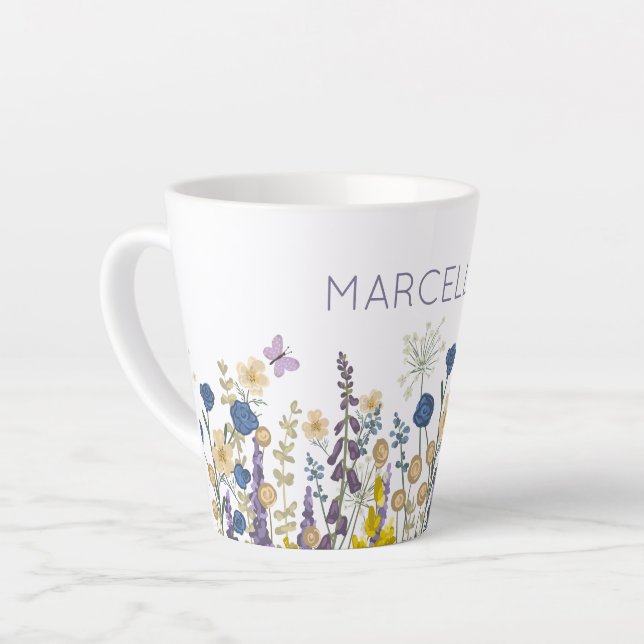 Colourful  Flowers and Butterflies Custom Name Latte Mug (Left Angle)