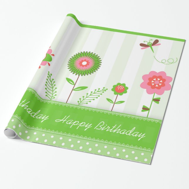 Colourful Flowers And Butterflies- Happy Birthday Wrapping Paper (Unrolled)