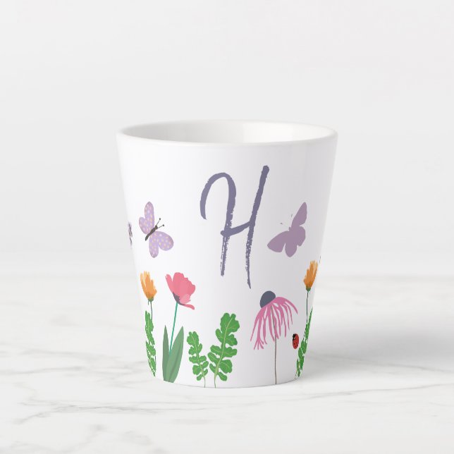 Colourful  Flowers and Butterflies Monogram H Latte Mug (Front)