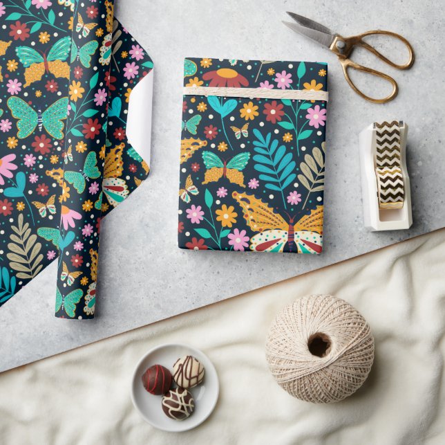Colourful flowers and butterflies pattern wrapping paper (Crafts)