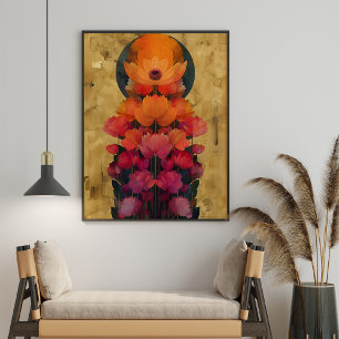 Colourful Flowers and Full Moon Painting Poster