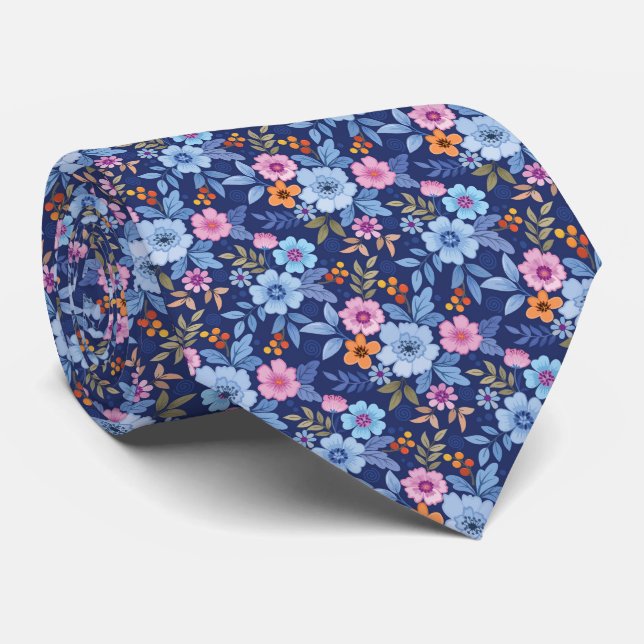 Colourful Flowers And Leaf On Dark Blue Background Tie (Rolled)
