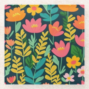 Colourful flowers and leaves glass coaster