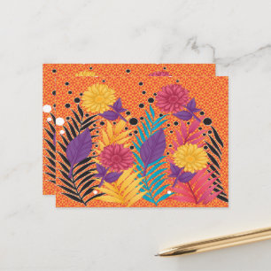 colourful flowers and leaves on a black background postcard