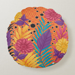 colourful flowers and leaves on a black background round cushion