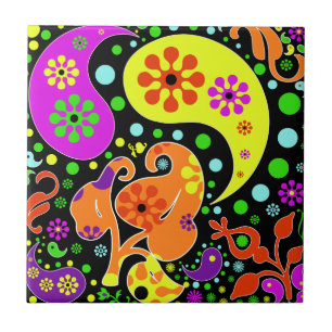 Colourful  Flowers And Paisley Pattern Retro Trive Tile
