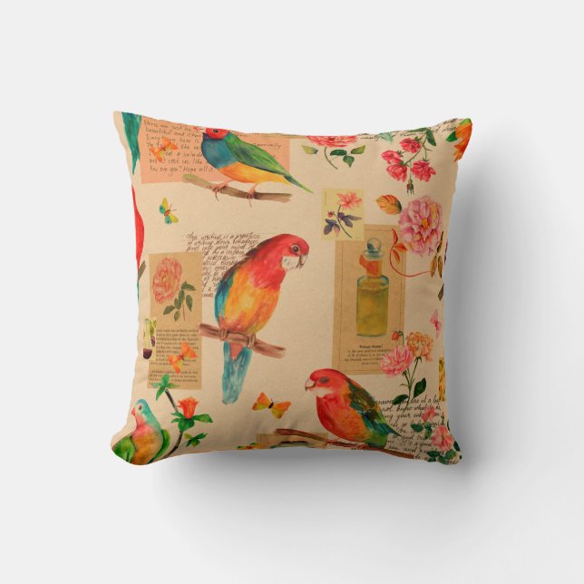 Colourful flowers and parrots pattern cushion (Front)