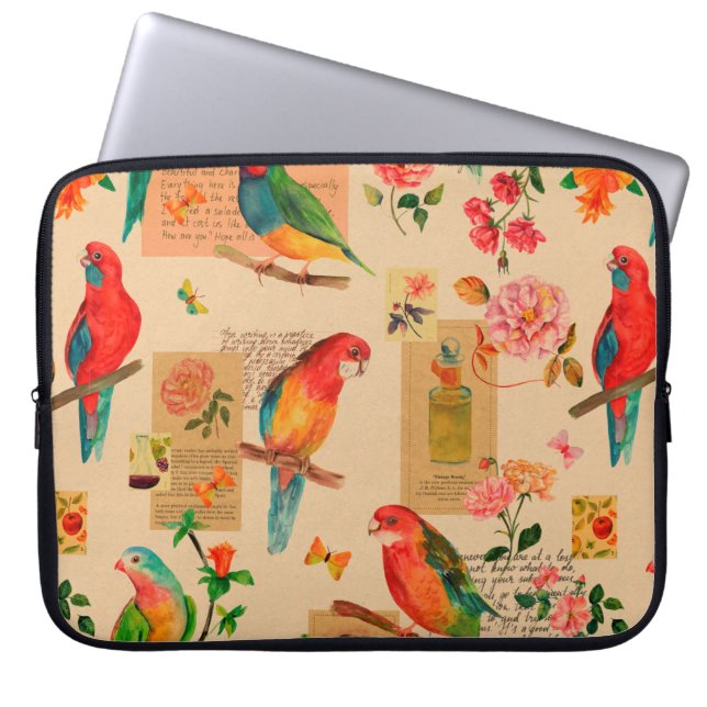 Colourful flowers and parrots pattern laptop sleeve (Front)