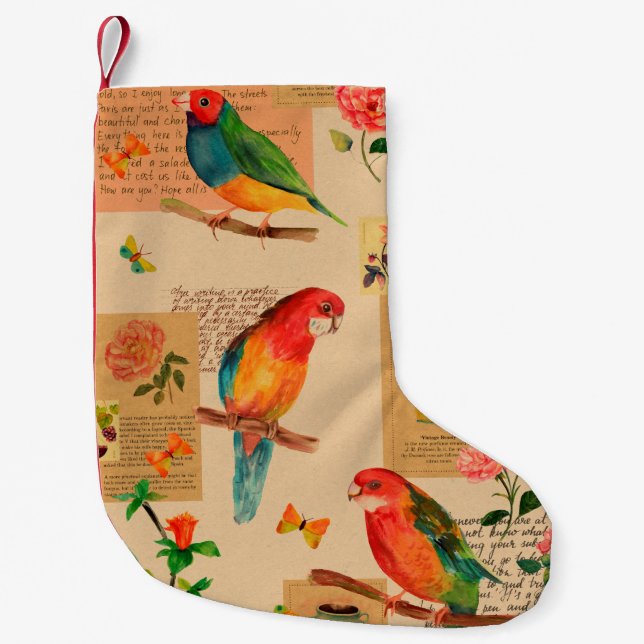 Colourful flowers and parrots pattern small christmas stocking (Front)