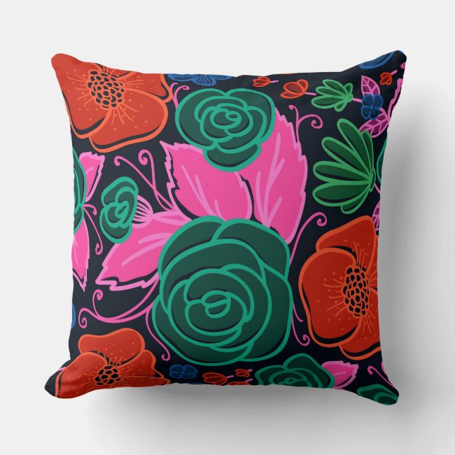 Colourful Flowers and Roses- Pink Green And Black Cushion (Front)