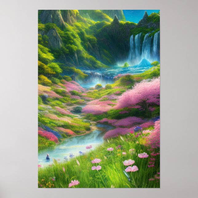 Colourful Flowers and Waterfall in a Green Valley Poster (Front)