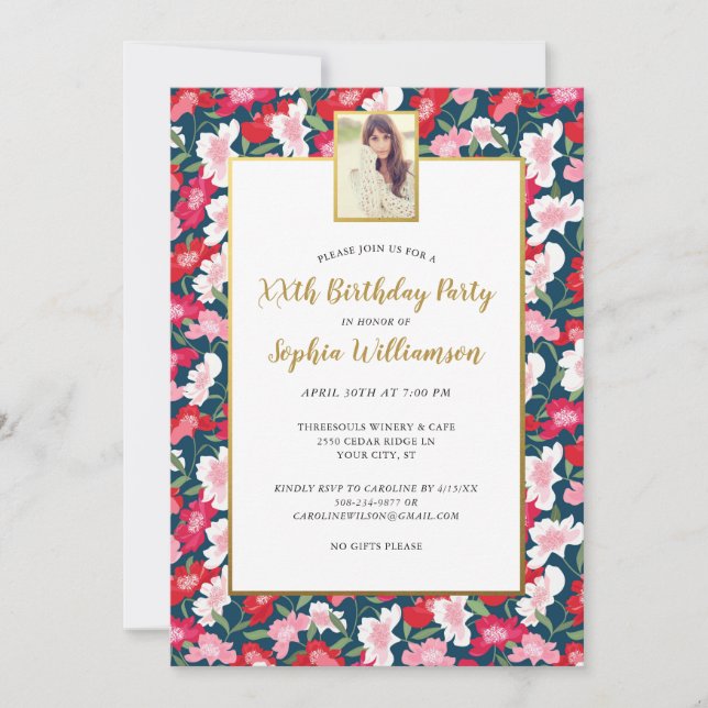 Colourful Flowers, Any Age Add Photo Birthday Part Invitation (Front)