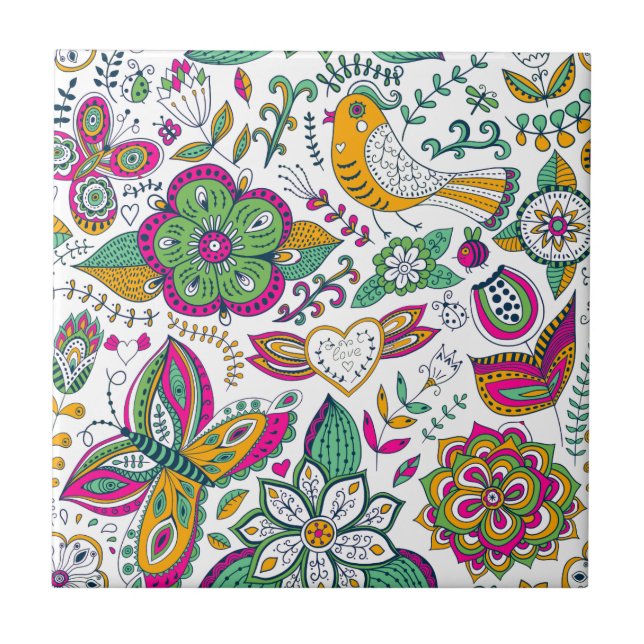 Colourful flowers birds and butterflies pattern tile (Front)