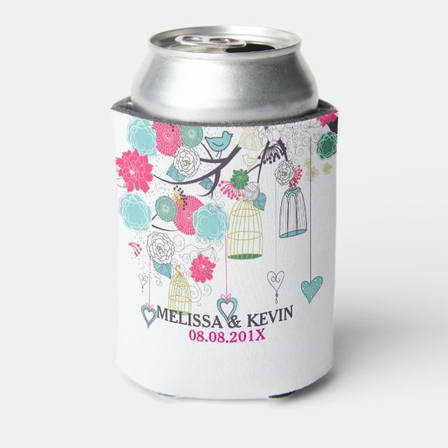Colourful Flowers Birds & Bird Cages Wedding Desig Can Cooler (Can Back)