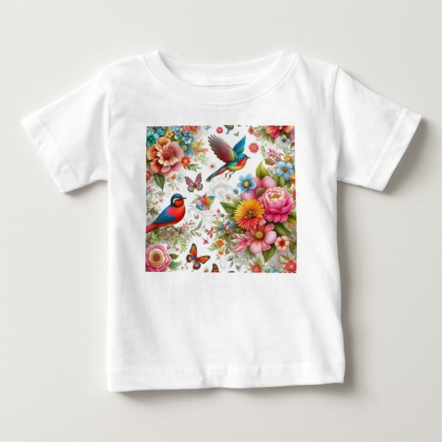 Colourful Flowers Birds Butterflies Template Baby T-Shirt (Front)