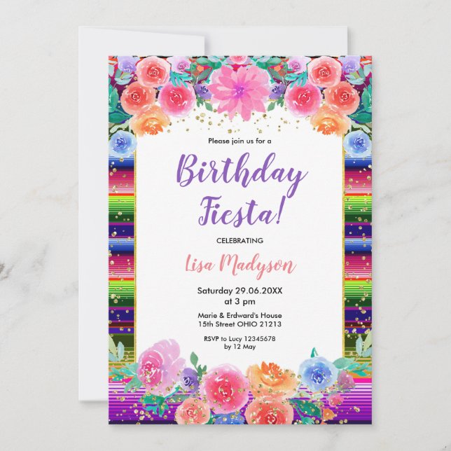 Colourful Flowers Birthday Fiesta Party  Invitation (Front)