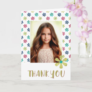 Colourful Flowers Birthday Girl 2 Photo Thank you Card