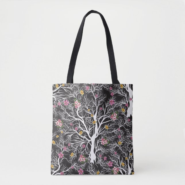 Colourful Flowers: Black Tree Seamless Tote Bag (Front)