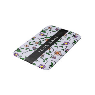 Colourful Flowers, Blue Background, Black Bath Mat