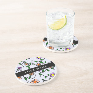 Colourful Flowers, Blue Background, Black Coaster