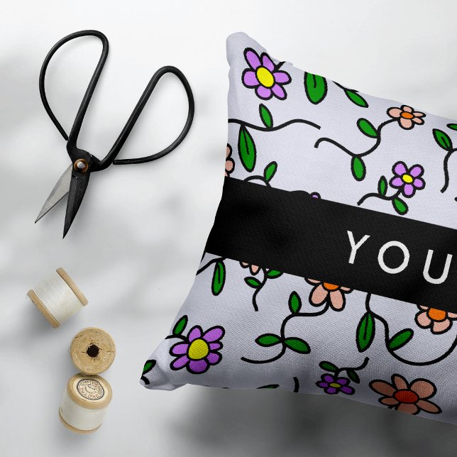 Colourful Flowers, Blue Background, Black Decorative Cushion (Creator Uploaded)