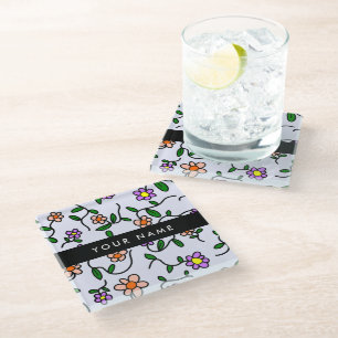 Colourful Flowers, Blue Background, Black Glass Coaster