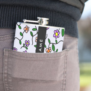 Colourful Flowers, Blue Background, Black Hip Flask