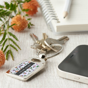 Colourful Flowers, Blue Background, Black Key Ring