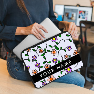 Colourful Flowers, Blue Background, Black Laptop Sleeve