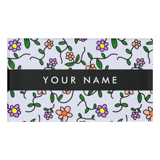 Colourful Flowers, Blue Background, Black Name Tag (Front)