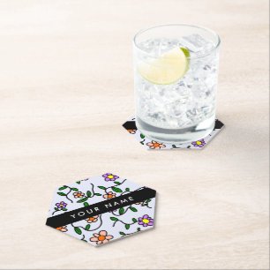 Colourful Flowers, Blue Background, Black Paper Coaster