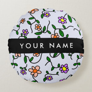 Colourful Flowers, Blue Background, Black Round Cushion
