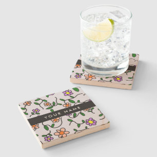 Colourful Flowers, Blue Background, Black Stone Coaster