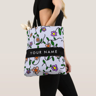 Colourful Flowers, Blue Background, Black Tote Bag