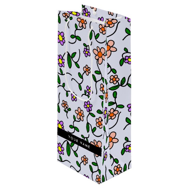Colourful Flowers, Blue Background, Black Wine Gift Bag (Front Angled)
