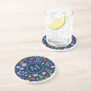Colourful Flowers Blue background Coaster