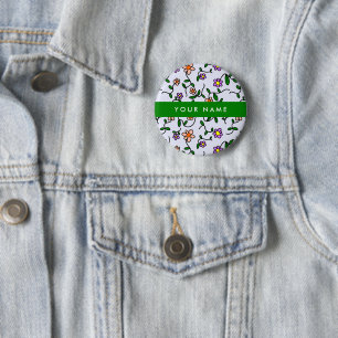 Colourful Flowers, Blue Background, Green 6 Cm Round Badge