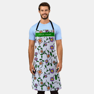 Colourful Flowers, Blue Background, Green Apron