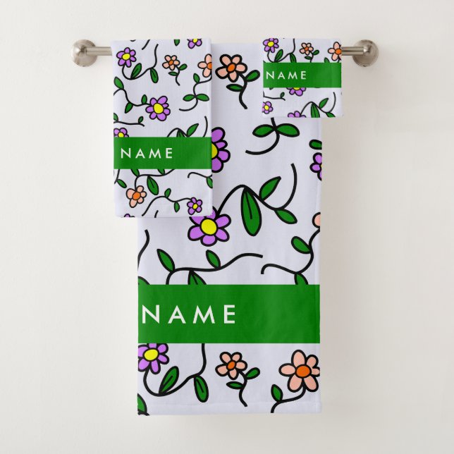 Colourful Flowers, Blue Background, Green Bath Towel Set (Insitu)