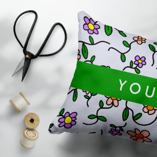 Colourful Flowers, Blue Background, Green Decorative Cushion