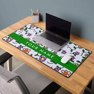 Colourful Flowers, Blue Background, Green Desk Mat