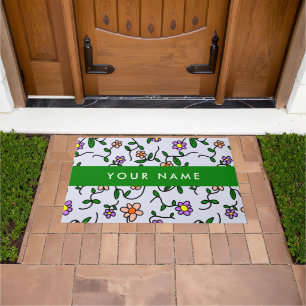 Colourful Flowers, Blue Background, Green Doormat