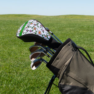 Colourful Flowers, Blue Background, Green Golf Head Cover