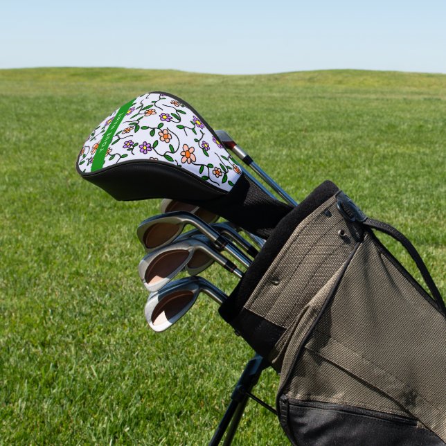 Colourful Flowers, Blue Background, Green Golf Head Cover (In Situ)