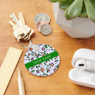Colourful Flowers, Blue Background, Green Key Ring