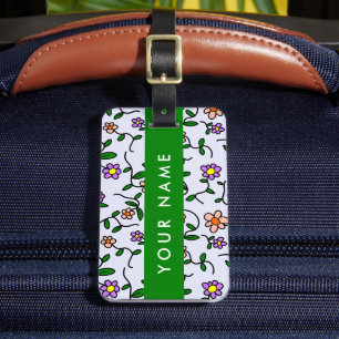 Colourful Flowers, Blue Background, Green Luggage Tag