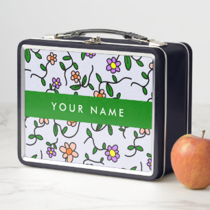 Colourful Flowers, Blue Background, Green Metal Lunch Box
