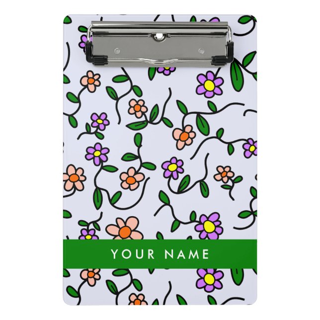 Colourful Flowers, Blue Background, Green Mini Clipboard (Front)