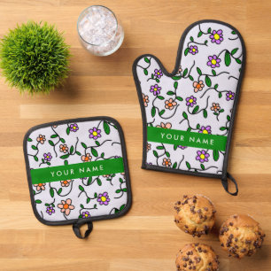 Colourful Flowers, Blue Background, Green Oven Mitt & Pot Holder Set
