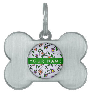 Colourful Flowers, Blue Background, Green Pet ID Tag